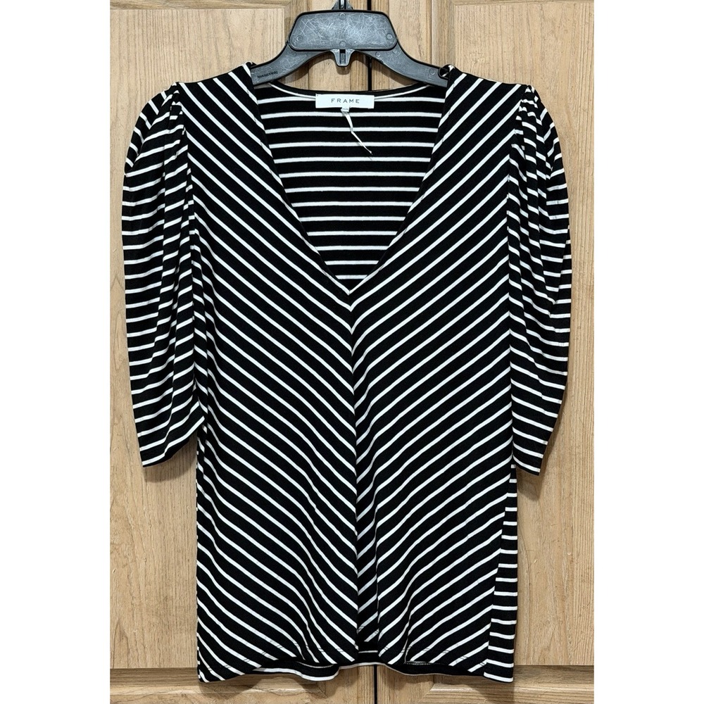 FRAME Top Blouse Women's Medium Black White Chevron Striped V-Neck Puff Sleeves